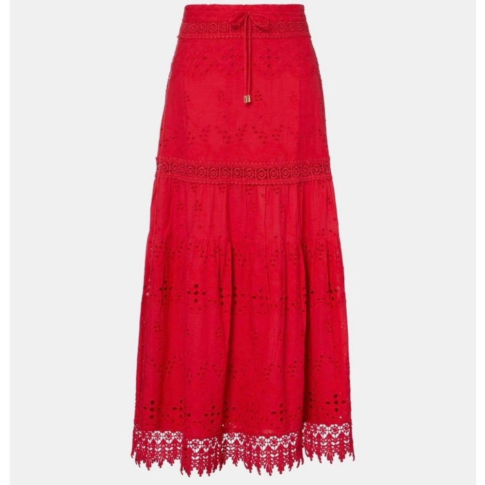 Melissa Odabash Red Eyelet Maxi Skirt Cotton Lace Tiered Boho S